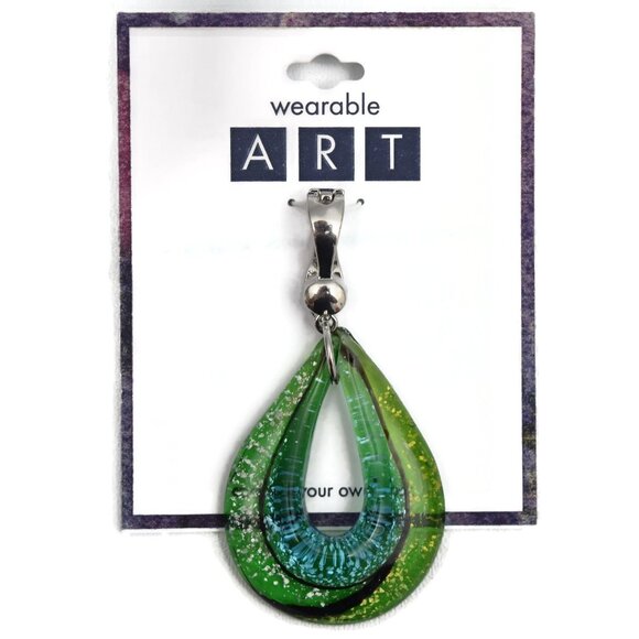 Wearable Art Glass Pendent Teardrop Magnetic Clasp Green Blue Black Silver - Picture 1 of 3